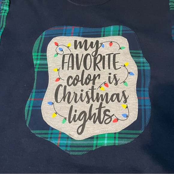 Unique Remade Flannel Sleeve Holiday Christmas Lights Navy Sweatshirt Size M L - Picture 2 of 5